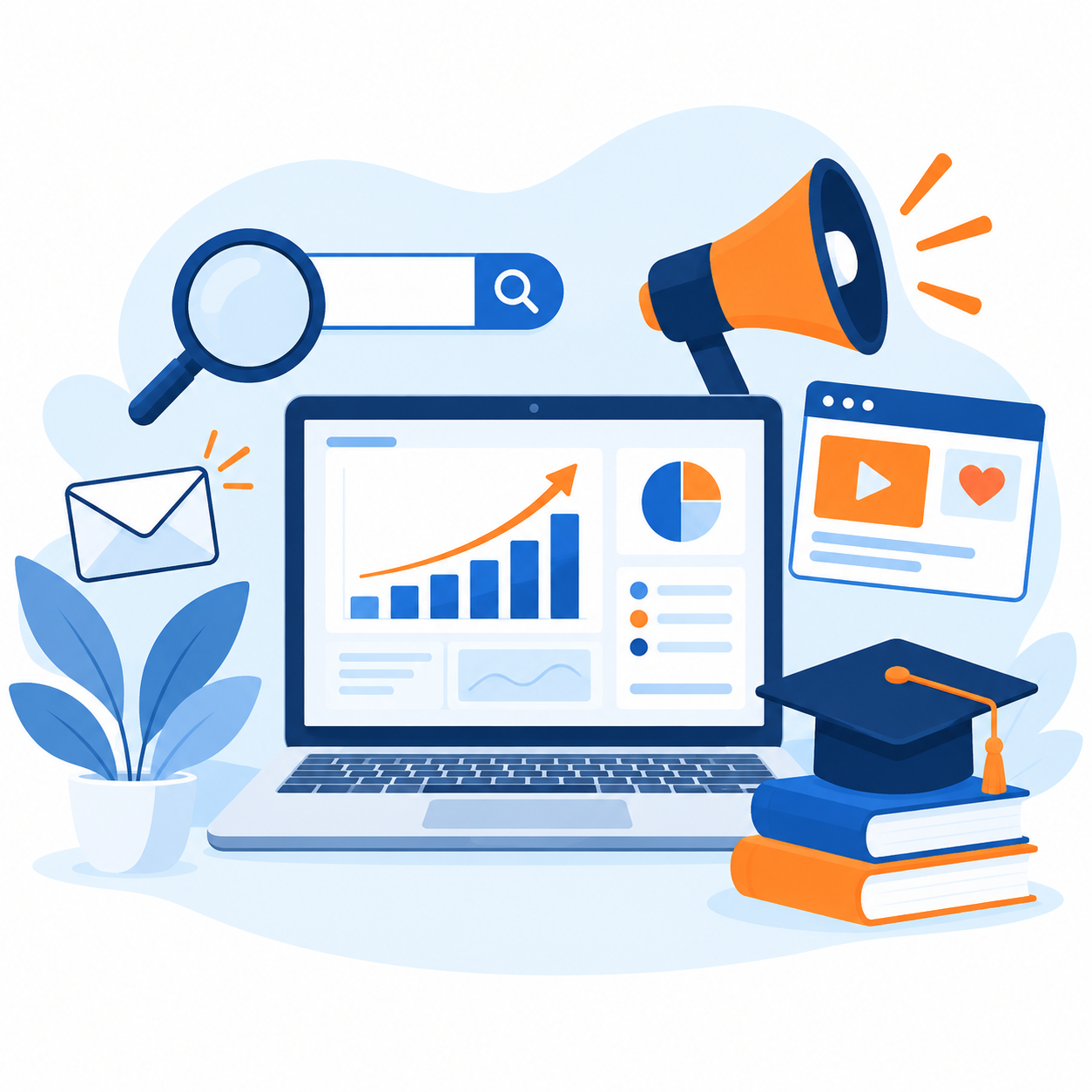 Digital marketing illustration with a laptop, campaign analytics, search and learning tools